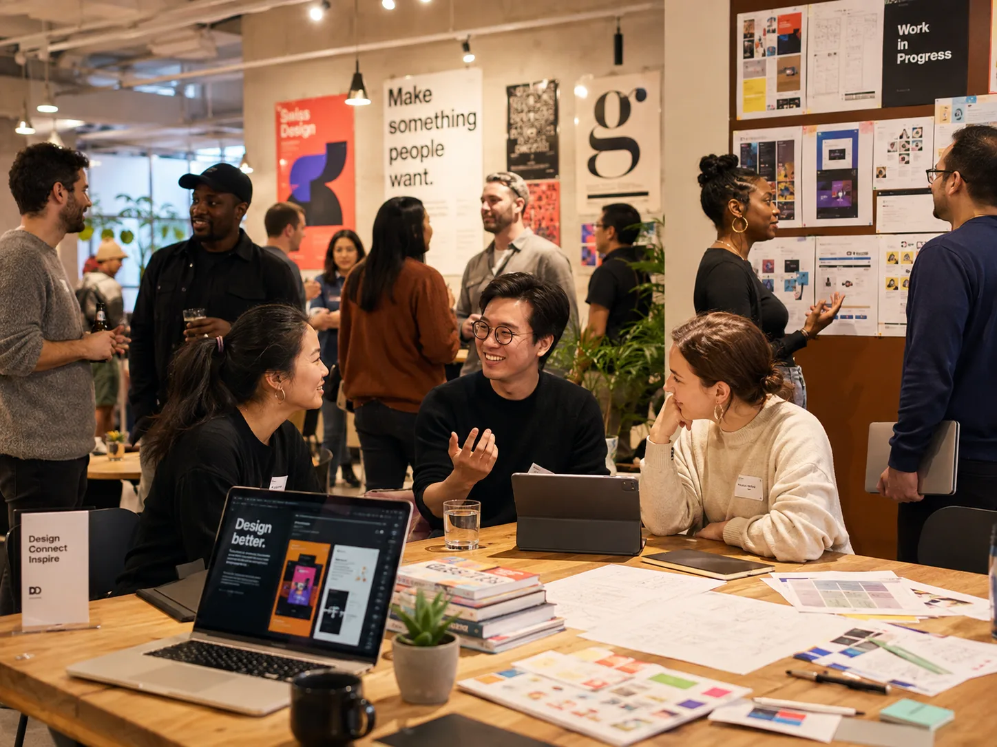 Designers and marketers talking around a studio table covered in printed layouts and colour swatches, at a creative community meetup