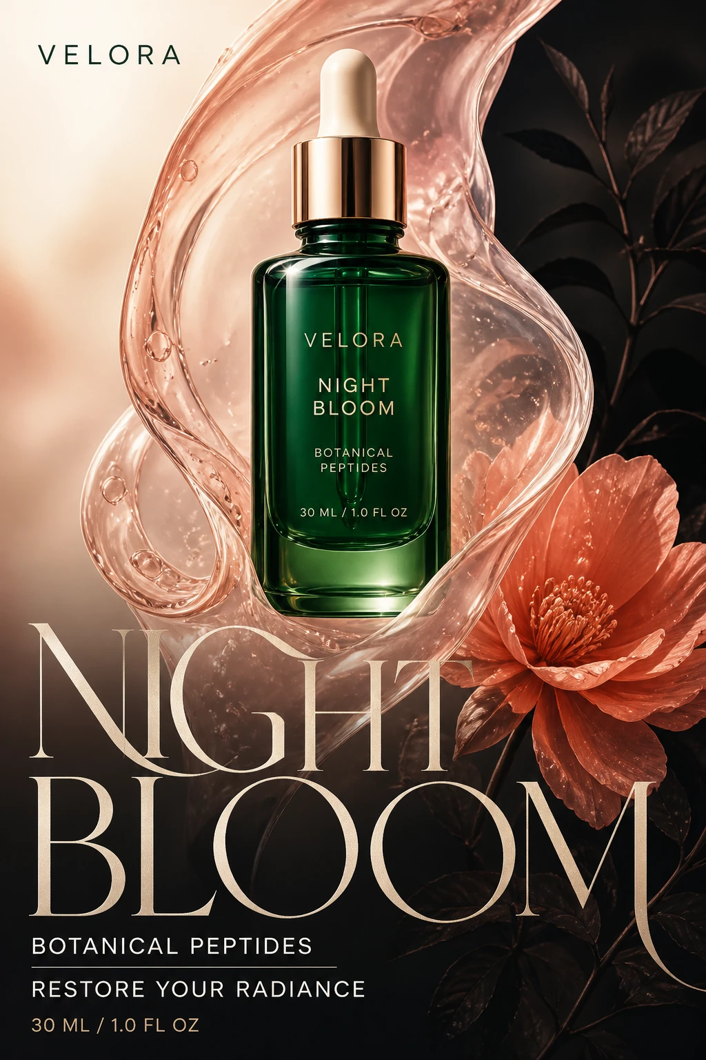 Flat beauty serum advertisement with an emerald bottle, sculptural blush gel, a coral flower, and styled campaign copy