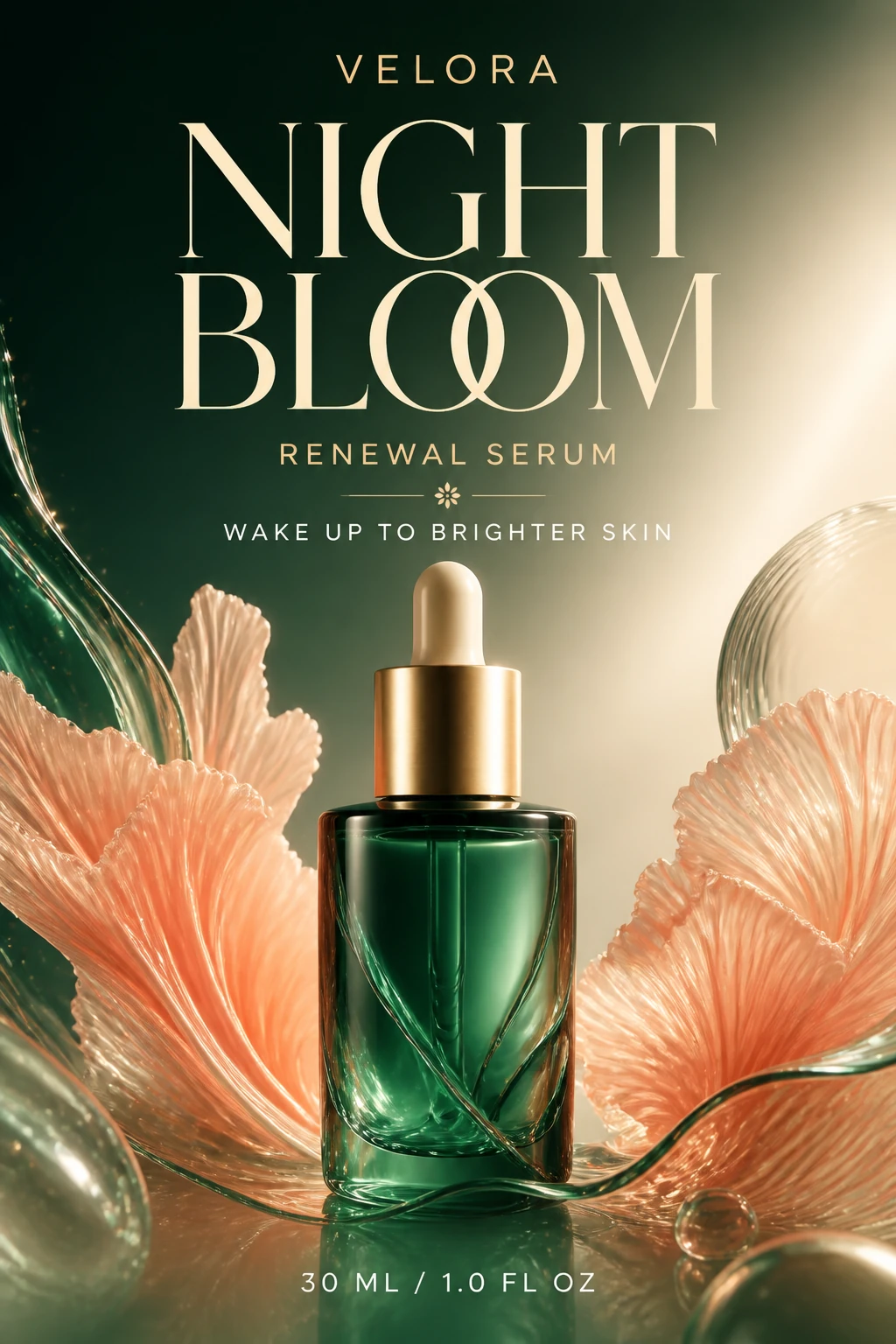 Flat beauty serum advertisement with an emerald bottle, coral glass petals, and styled Night Bloom campaign copy