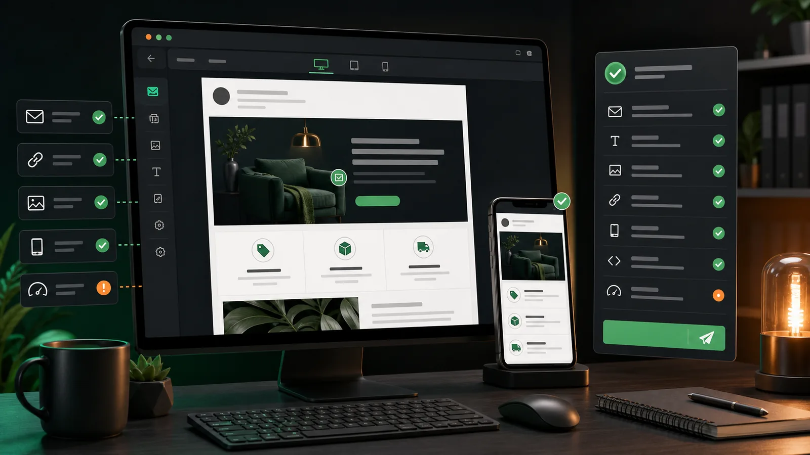 Vista previa de newsletter junto a revisiones de móvil, enlaces, imágenes y QA pre-envío