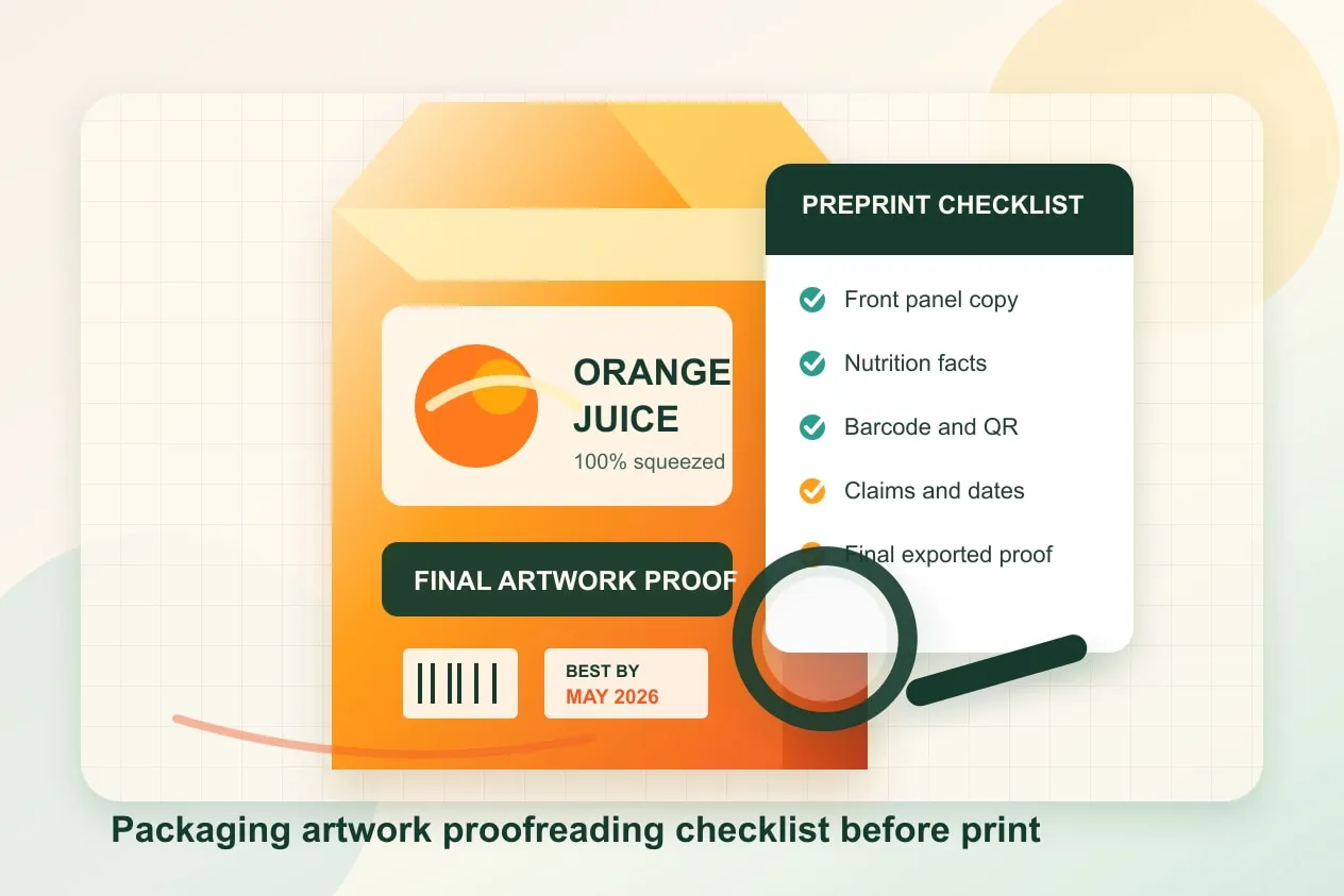 Orange juice carton packaging proof with a preprint checklist and magnifying glass