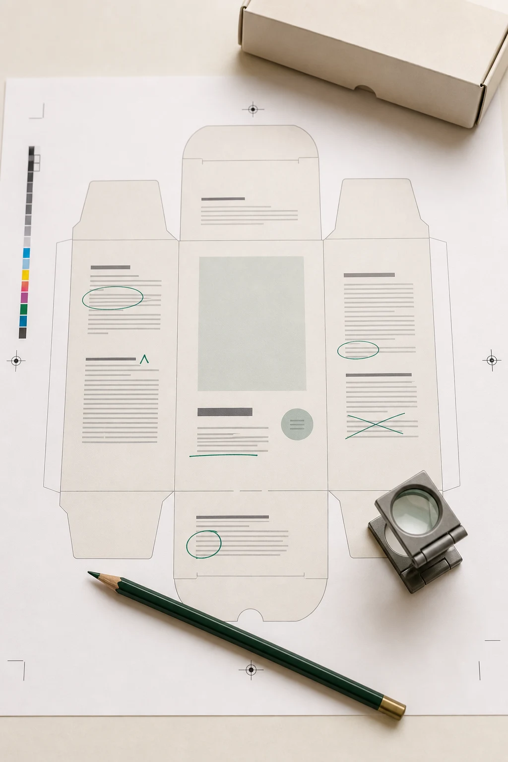 Carton dieline with text blocks, color controls, green circles, and strike-through marks before print