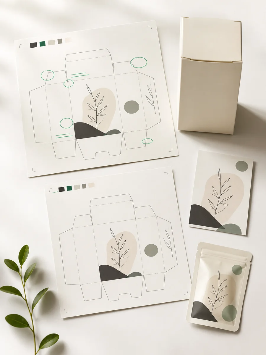 Two carton dieline printouts with green review circles beside blank packaging mockups