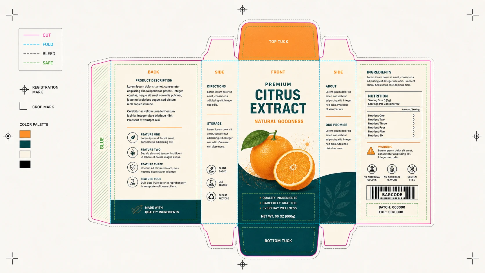 Flattened package design artwork with dielines, panels, ingredient copy, and pre-print marks