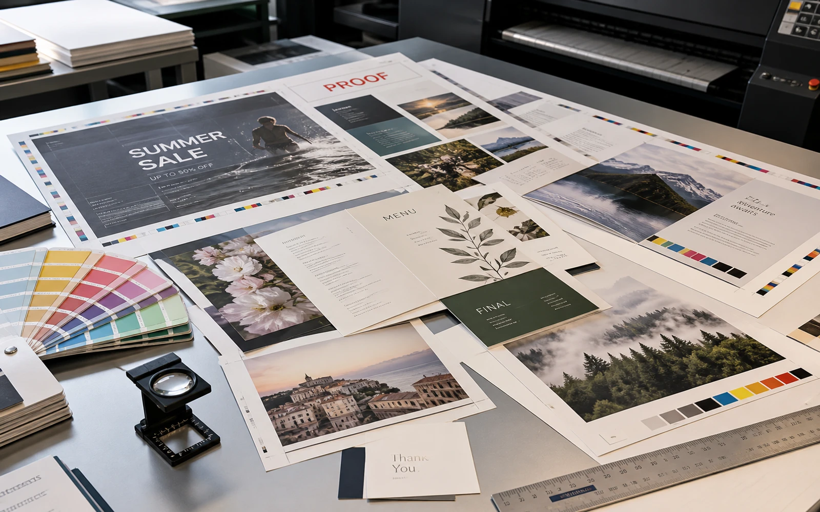 Printed prepress proofs with crop marks, color bars, and production review tools