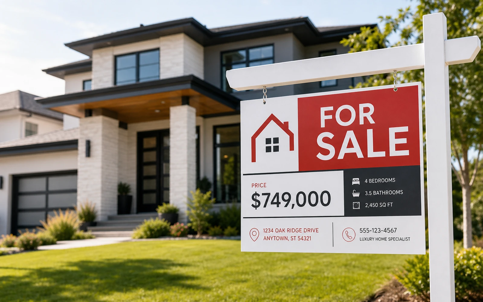 For sale sign in front of a suburban house